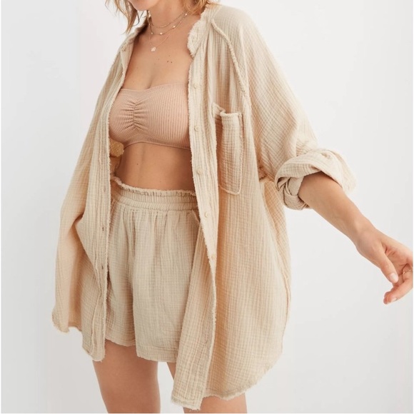 aerie Other - Aerie Pool To Party Long Sleeve Gauze Button Up Shirt in Soft Oat XL